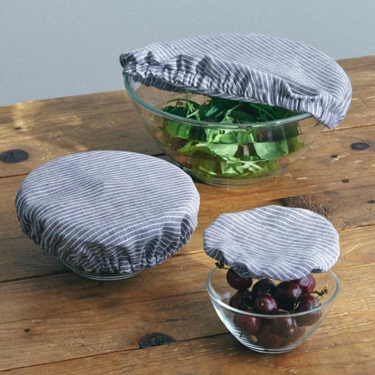 Set of three linen bowl covers - Striped