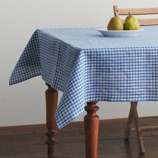 Blue gingham linen tablecloth